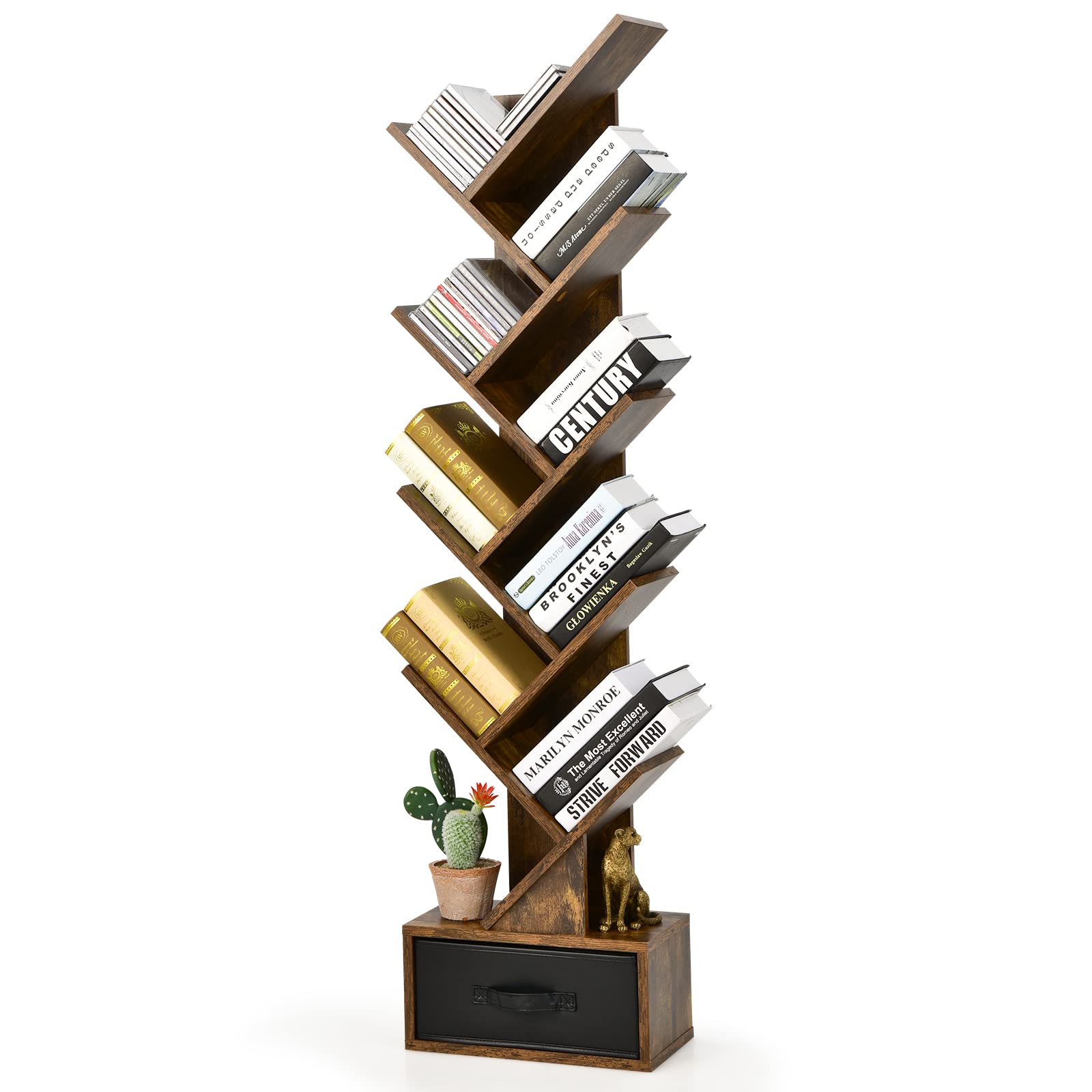 Tangkula 10 Tier Tree Bookshelf with Drawer